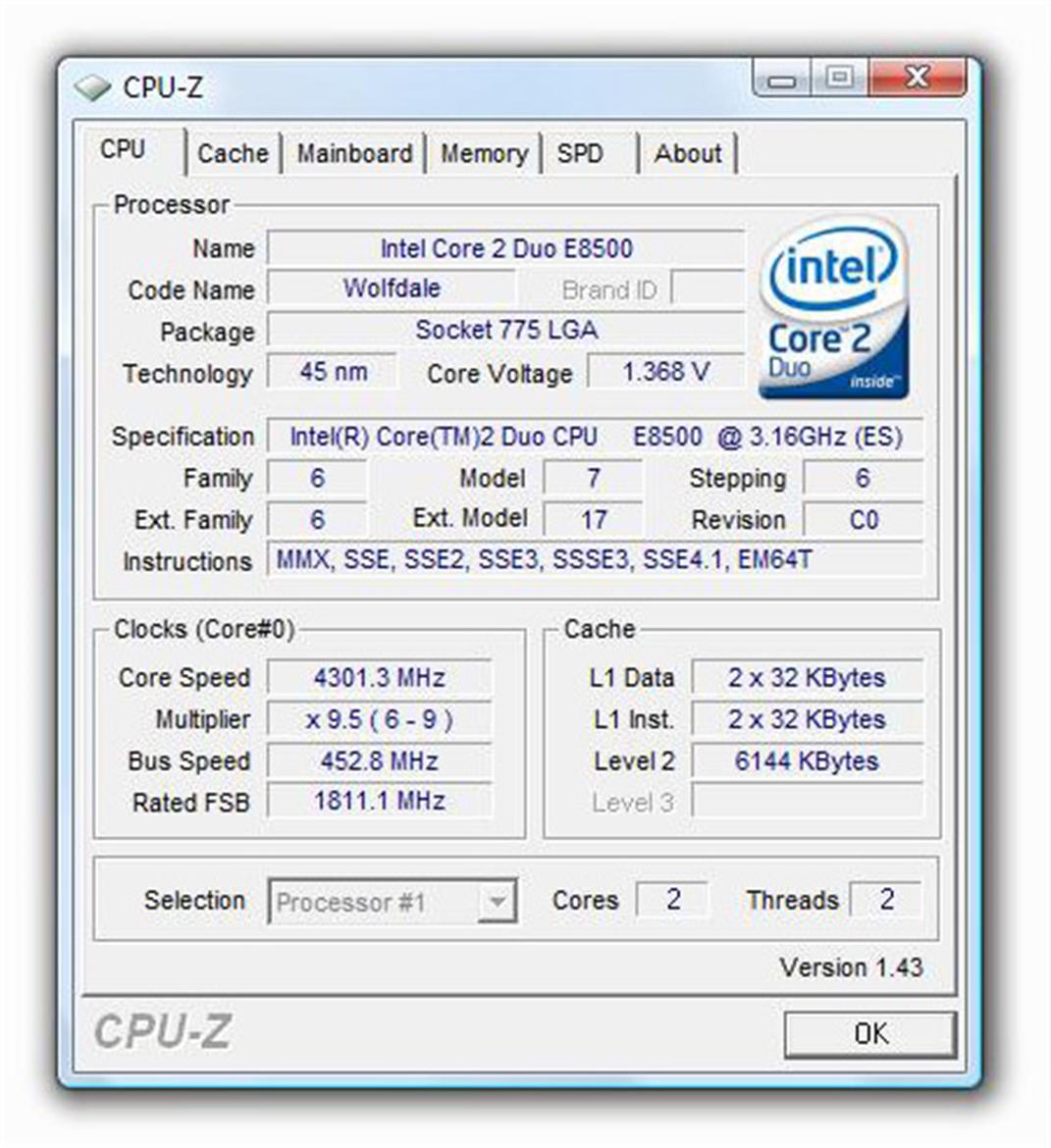 Intel Core 2 Duo E8500 Wolfdale CPU